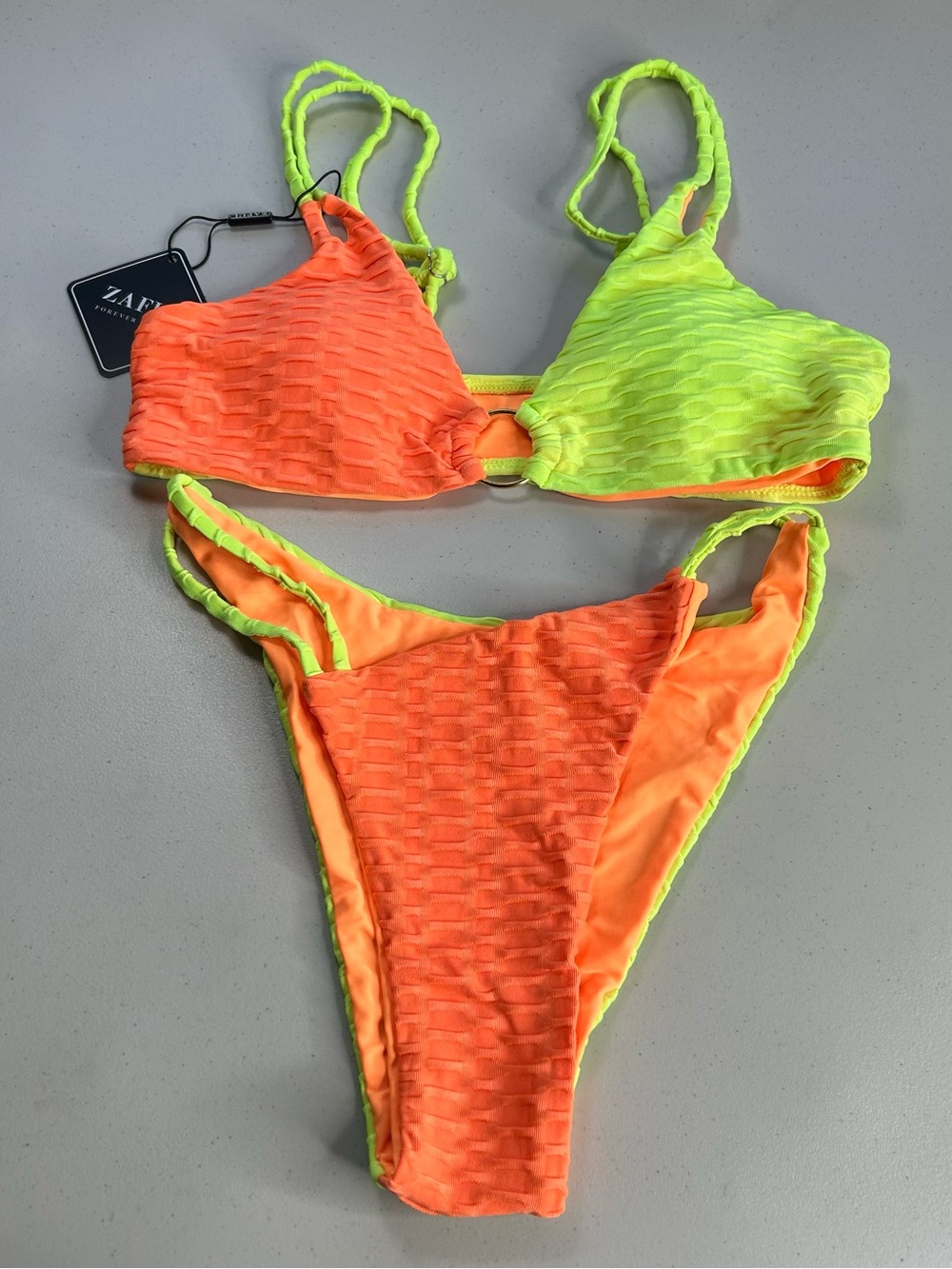 Zaful Bikini Set Small Orange Lime Green Ring Top New Swimwear
